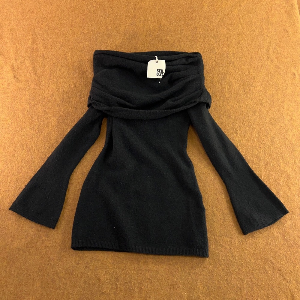 SER.O.YA Women Small Black Off-Shoulder Bell Sleeve Knit Mini Sweater Dress NWT